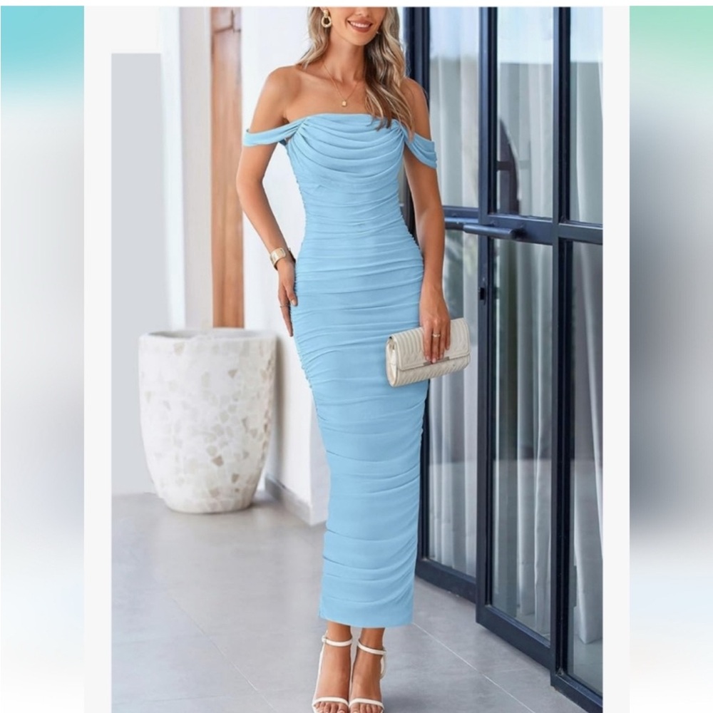 Elegant Blue Off-Shoulder Dress- pretty garden size S NWT